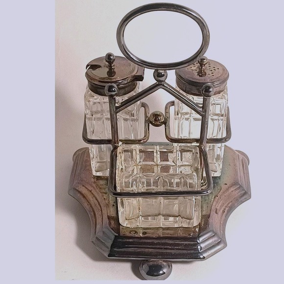 EPNS Other - Vintage EPNS Silverplate 40s Cut Glass Condiment Set Salt Pepper Sugar Caddy